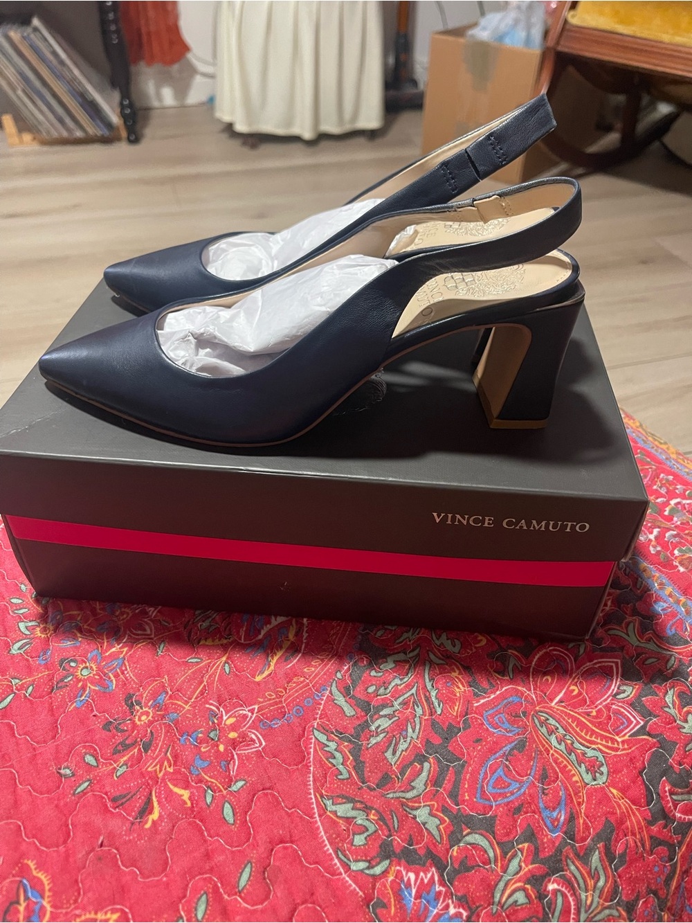 Vince Camuto Navy Pointed-Toe Slingback Block Heels